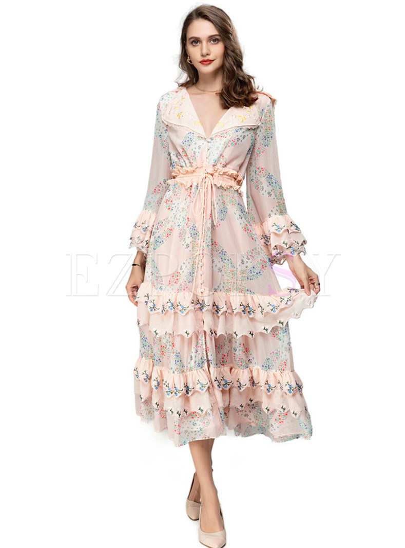 Floral Print Tie Waist Tiered Maxi Dress