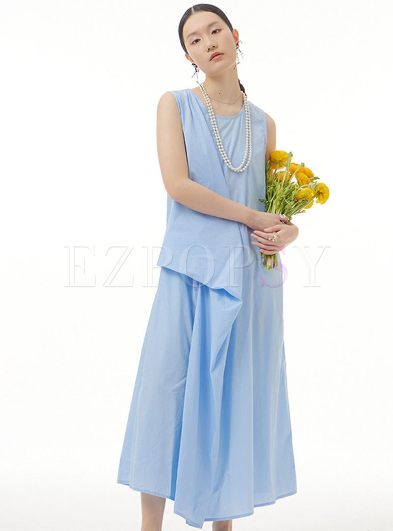 Solid Color Boxy Sleeveless Midi Dresses