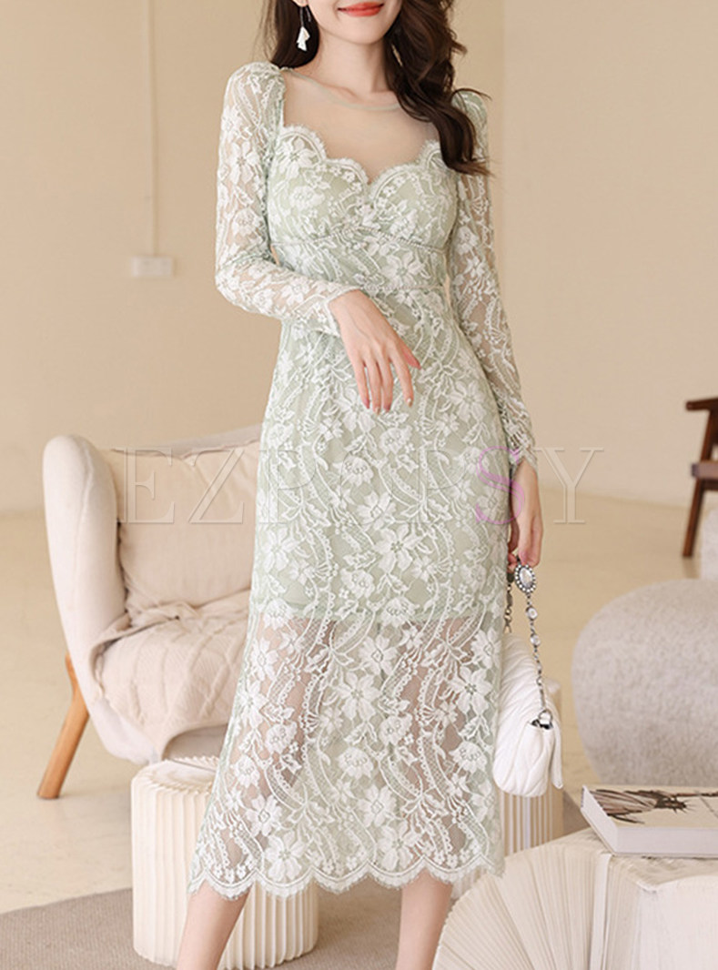 Mesh Sheer Sleeve Floral Crochet Lace Dress