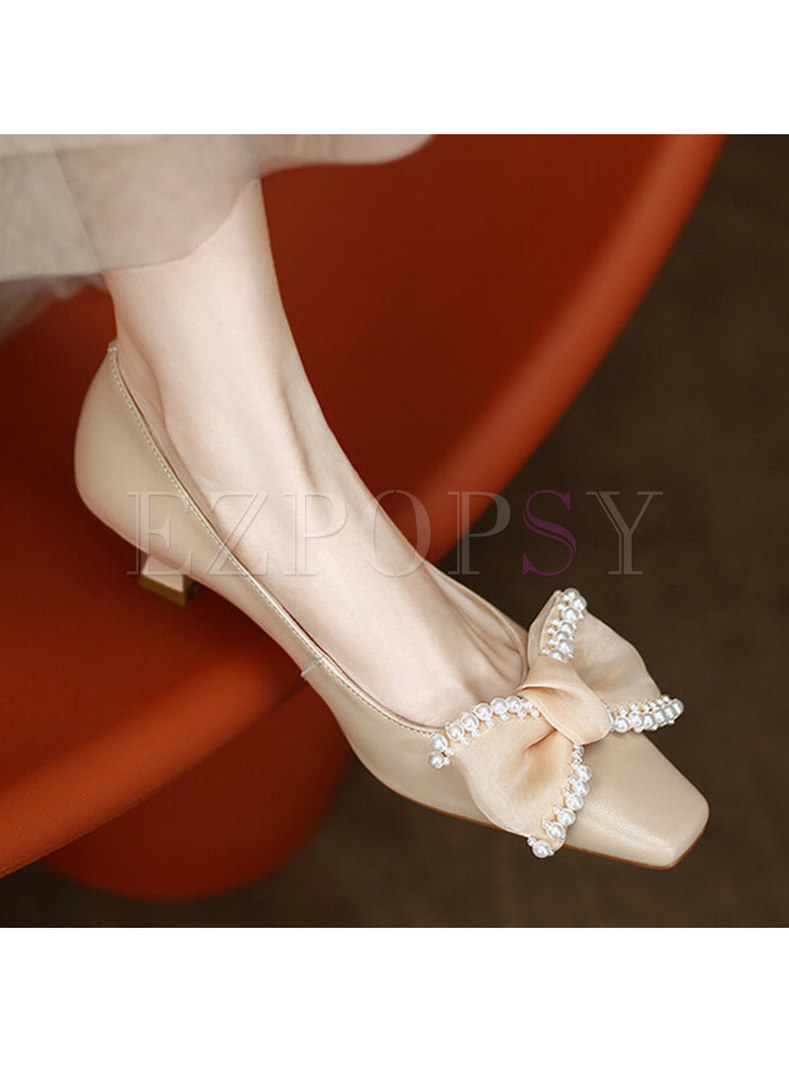 Women's Pearl Bow-Embellished Low Heels Dress Shoes