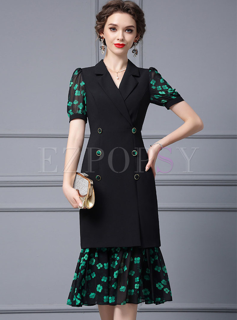 Quality Puff Sleeve Splicing Double-Breasted Design Mermaid Dresses