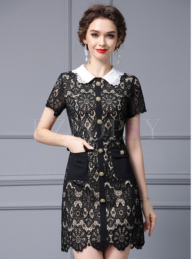 Turn-Down Collar Lace Sweet & Cute Single-Breasted Bodycon Dresses