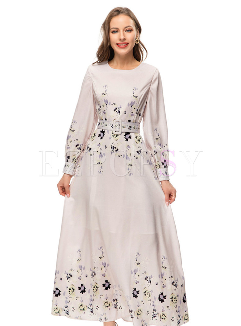Elegant Crewneck Floral Print With Belt Maxi Dresses