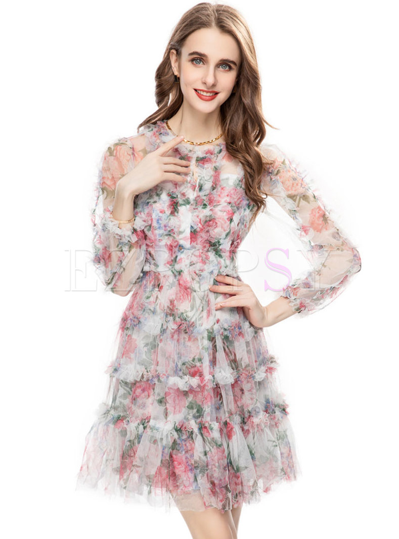 Sweet Floral Print Tulle Skater Dresses