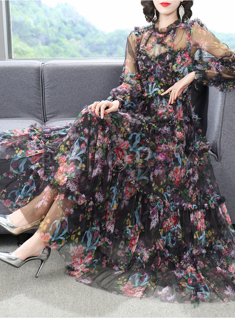 Fantasy Distored Selvedge Long Sleeve Garden Party Dresses