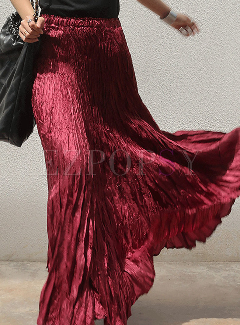 Elastic Waist Pleated Solid Color Red Maxi Skirts For Women