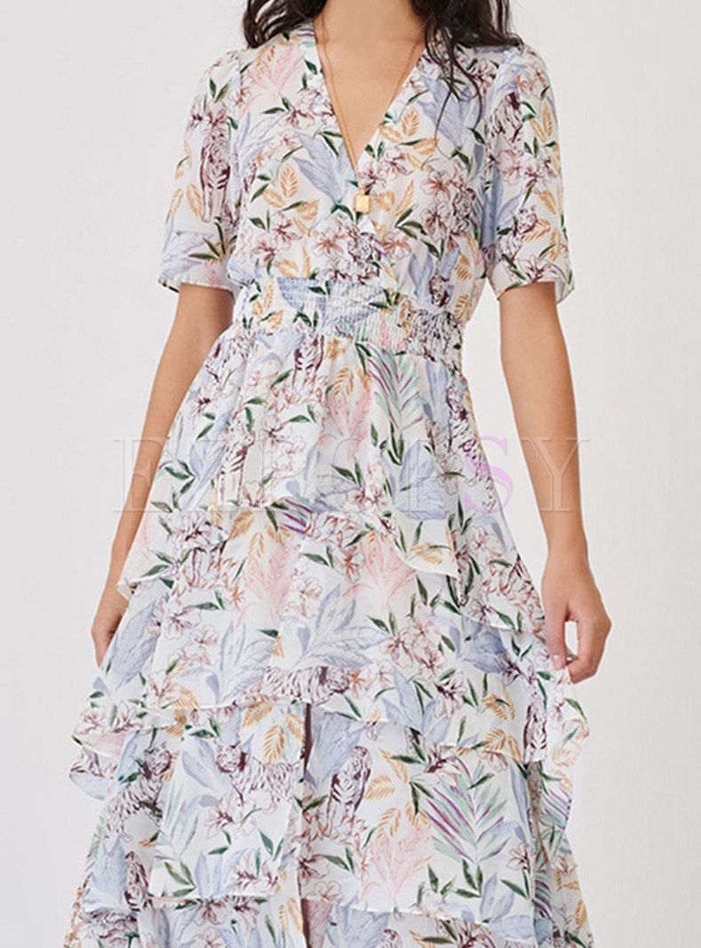 Elegant V-Neck Floral Pleated Layer Frill Dresses