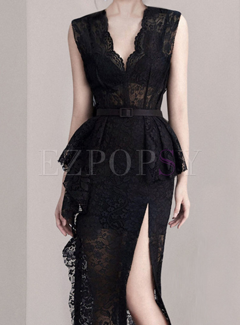 Sexy Plunging Neck Sleeveless Lace High Split Dresses