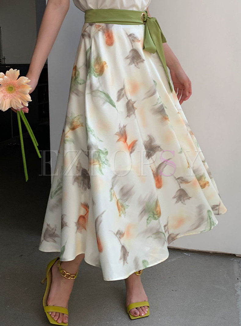 Commuter Tie Waist Floral Print Maxi Skirts