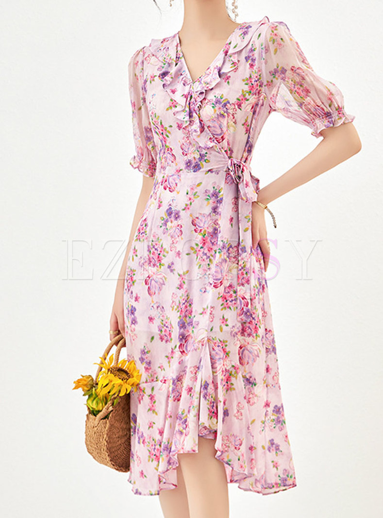 Romantic V-Neck Short Sleeve Allover Print Cute Dresses