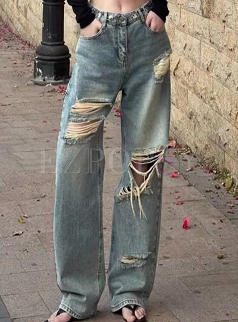 Vintage Ripped High Waisted Jeans For Women