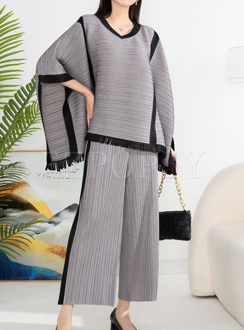 Fashion Fringes Cape & Draped High Waist Pants For Women