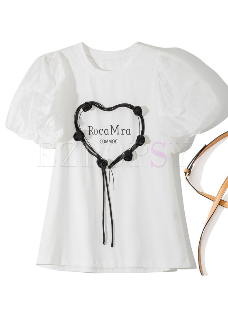Cute Hearts And Letter Lantern Sleeve Girls Tops