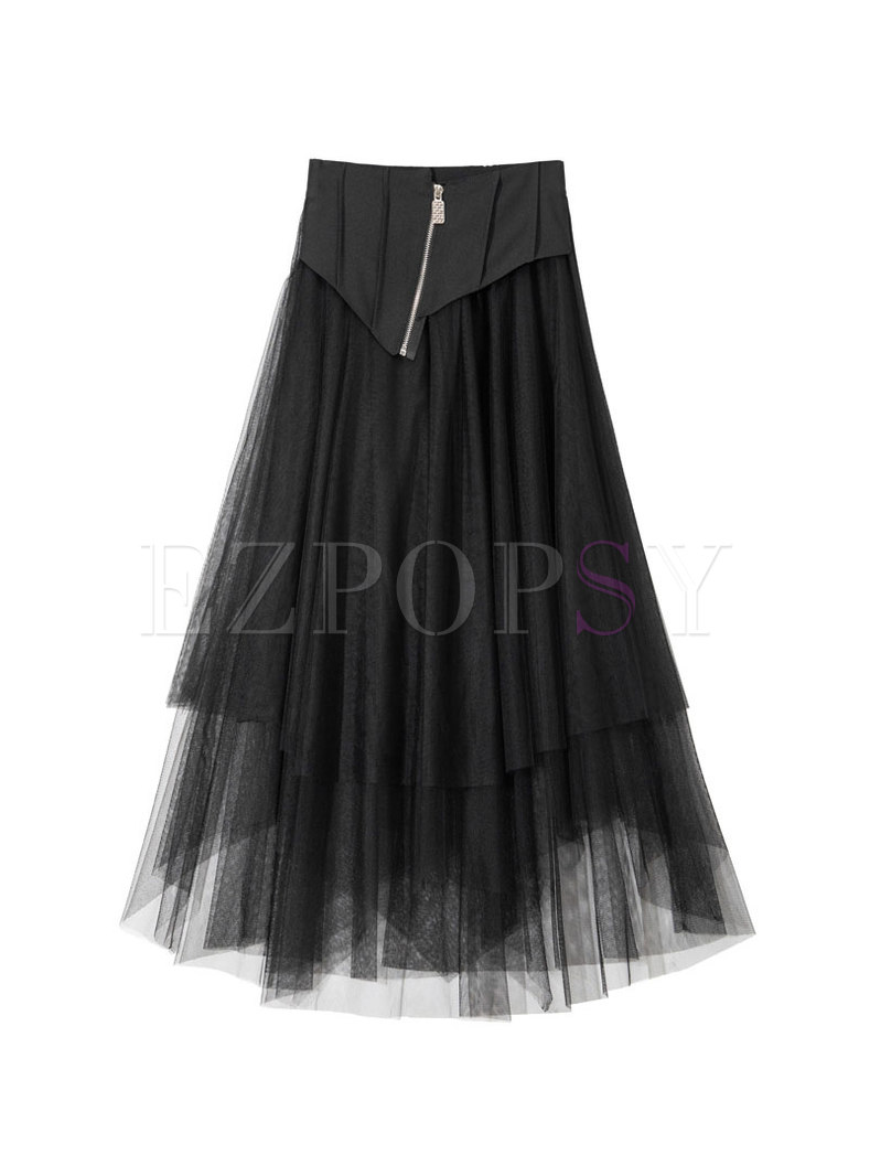 Stylish Elastic Waist Mesh Mid Length Skirts