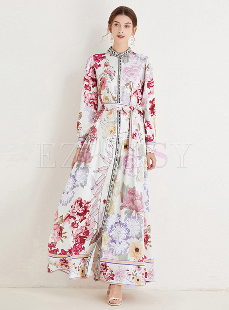 Glamorous Front Tie Printed Long Dresses