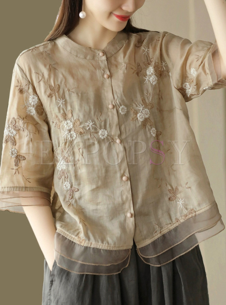 Summer Embroidered Linen Women Tops