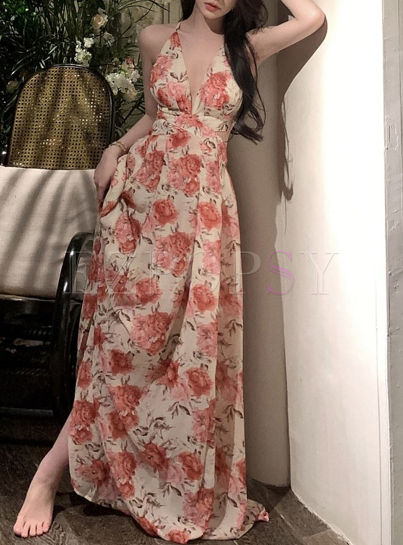 Resort Rose Print Backless Maxi Dresses