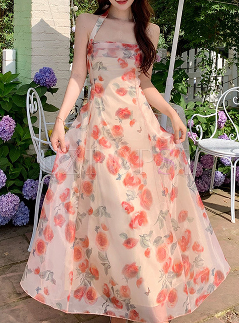 Resort Halter Neck Blurred Floral Maxi Dresses