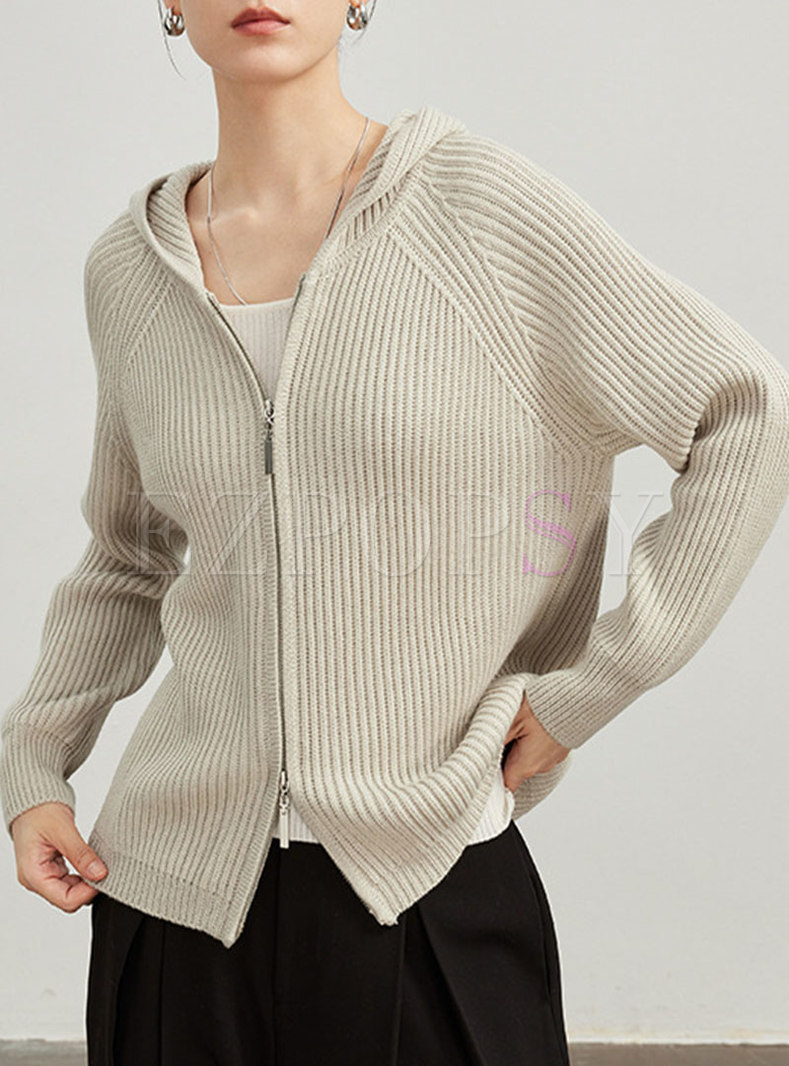 Simple Chunky Knit Hooded Women Knit Cardigan