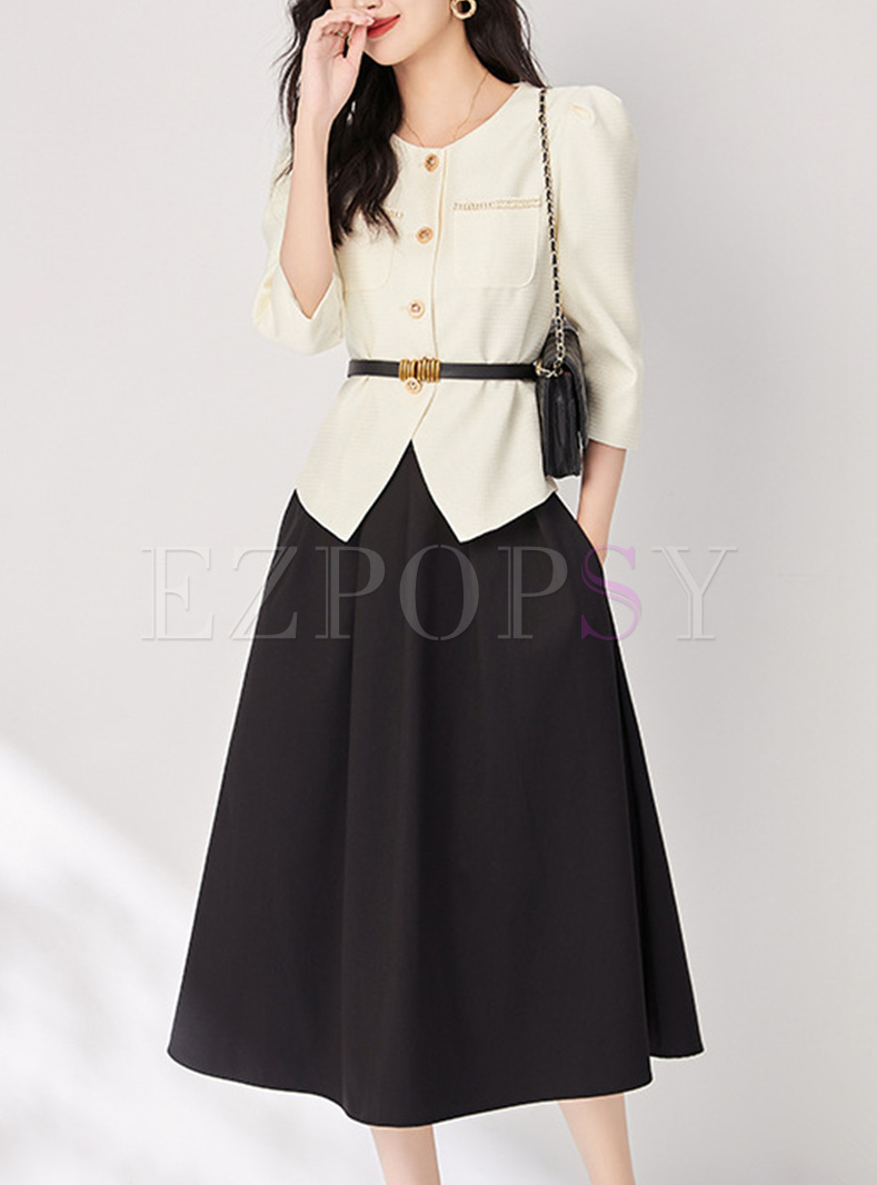 Work Metal Button With Belt Tops & Black Skirts