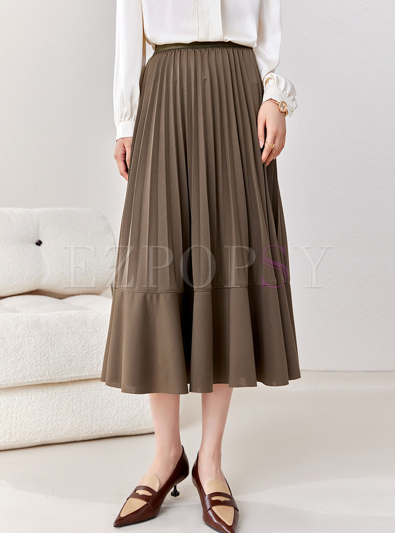 Drape Elastic Waist Pleated Midi Skirts