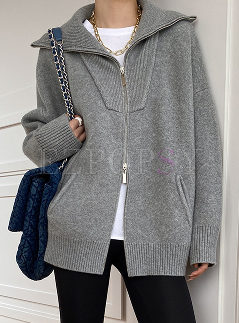 Oversized-Fit Double Zipper Knitted Cardigans