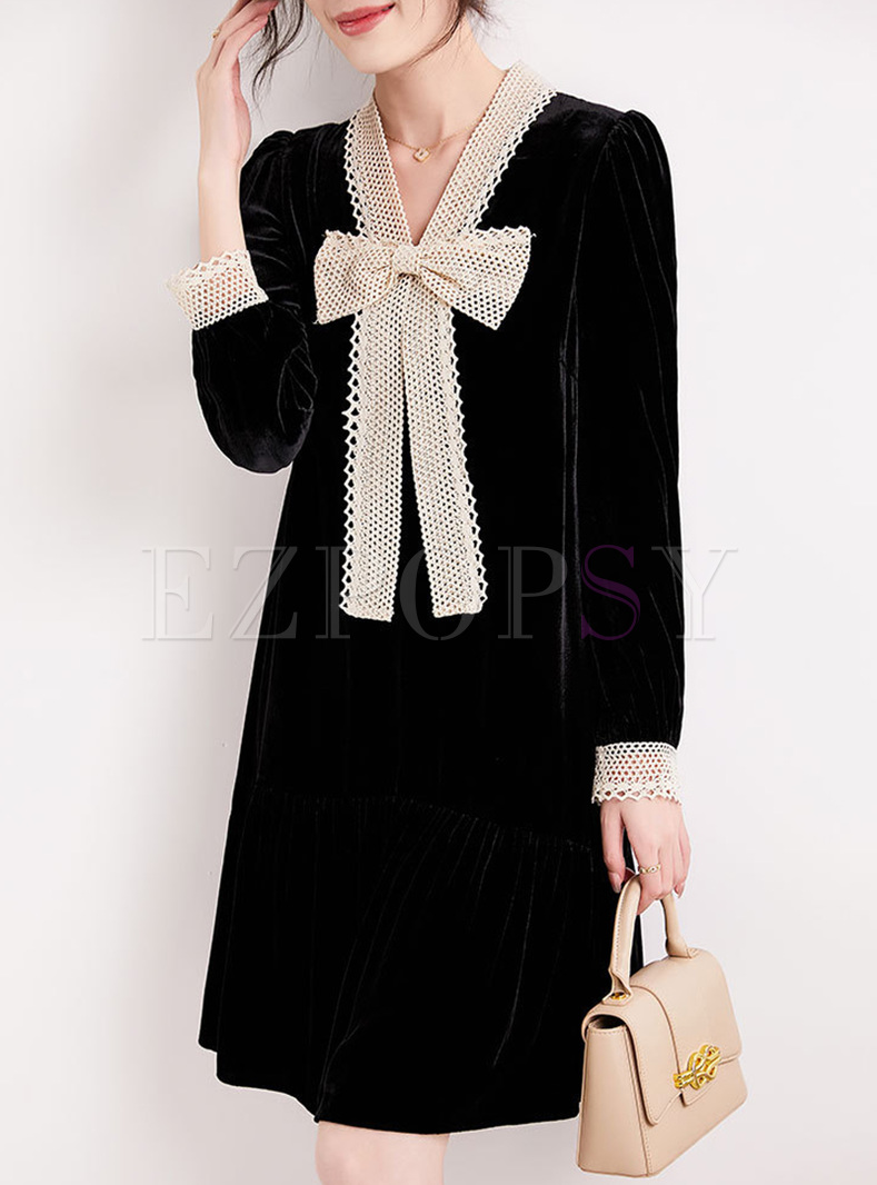 Fashion Bow-Embellished Velvet Dresses
