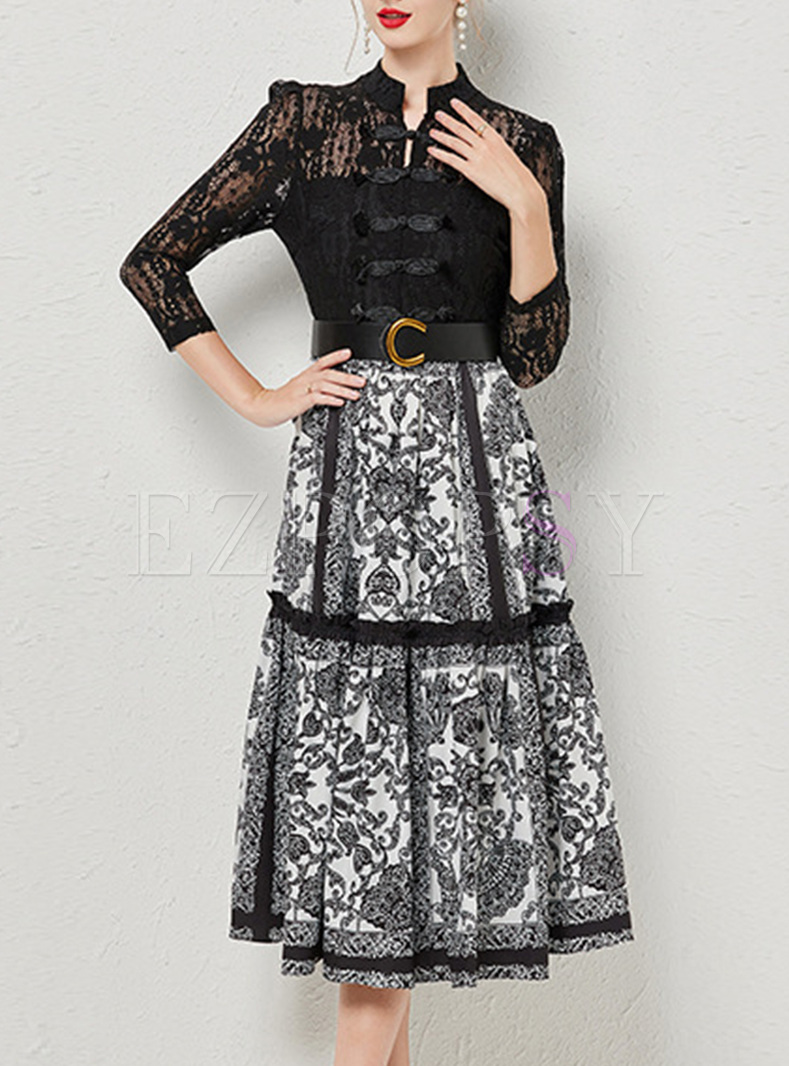 Ethnic Frog Lace Patch Printed Dresses