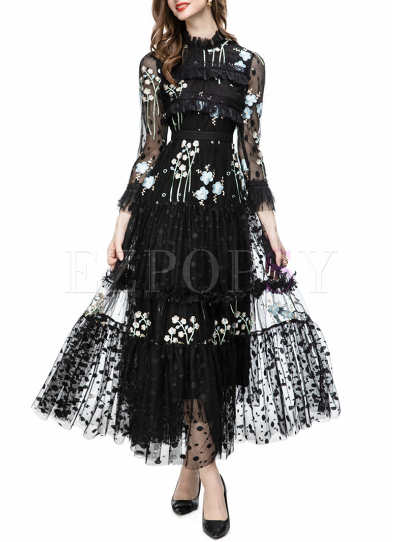 Court Mesh Embroidered Long Dresses