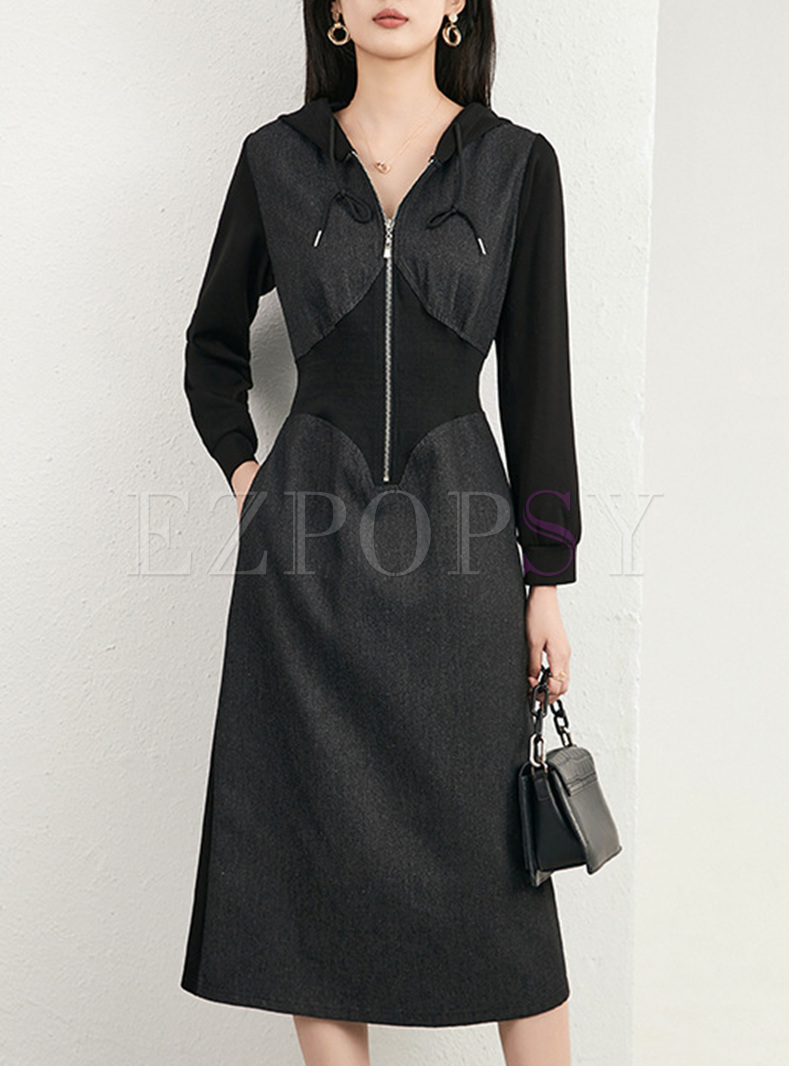 Fashion Hooded Patch Zipped Dresses
