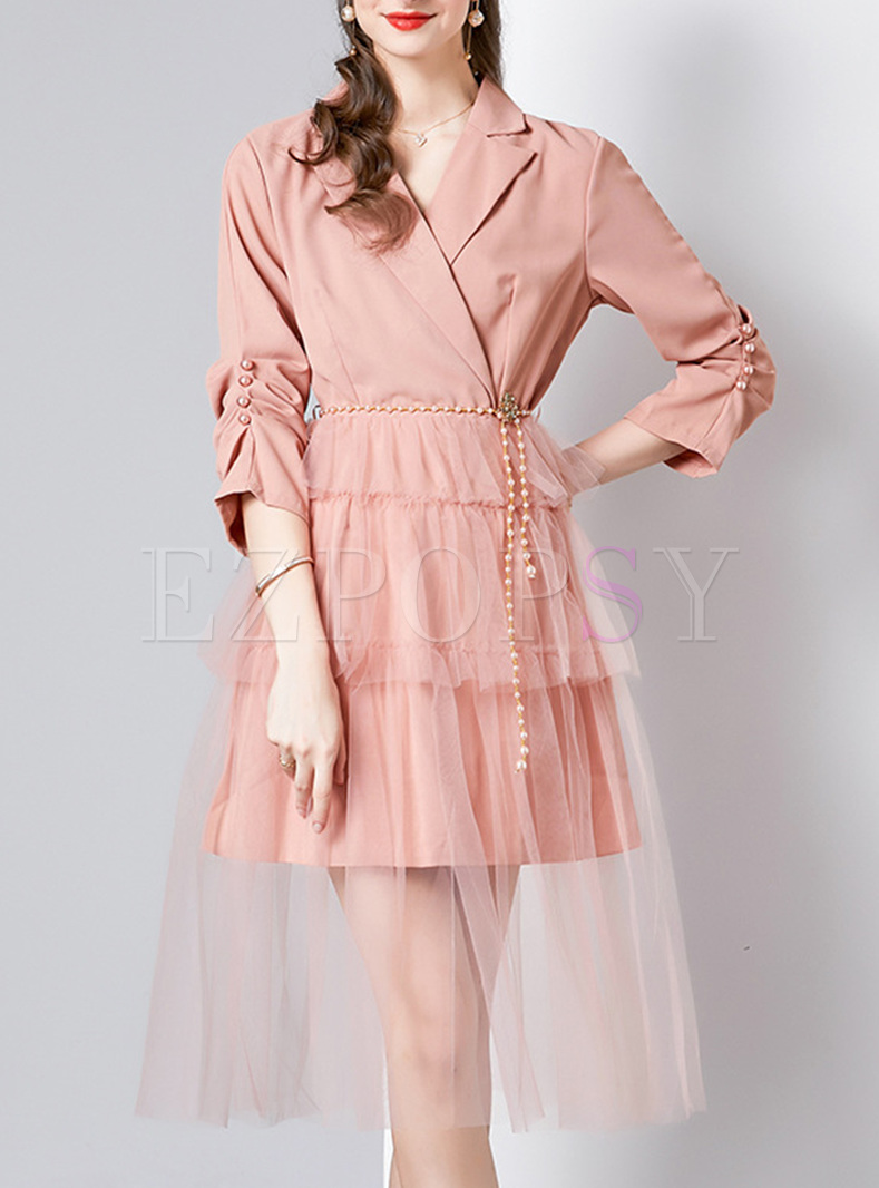 Hot Notched Collar Mesh Layered Dresses