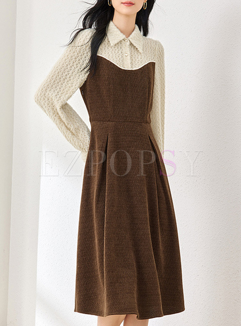 Daily Lace Patch Corduroy Skater Dresses