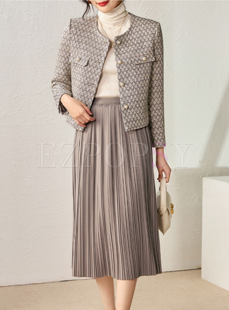 Classy Tweed Sequins Pearl Coats & Pleated Skirts