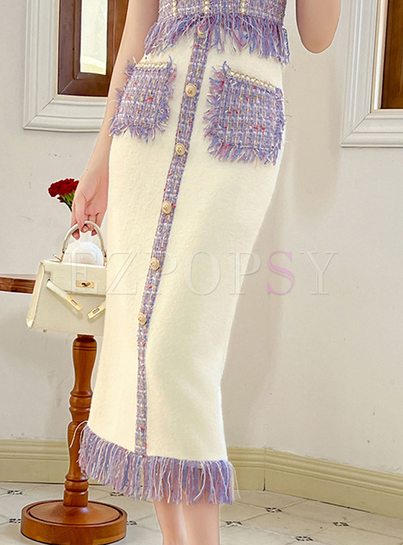 New Fringes Contrasting Button Knitted Skirts