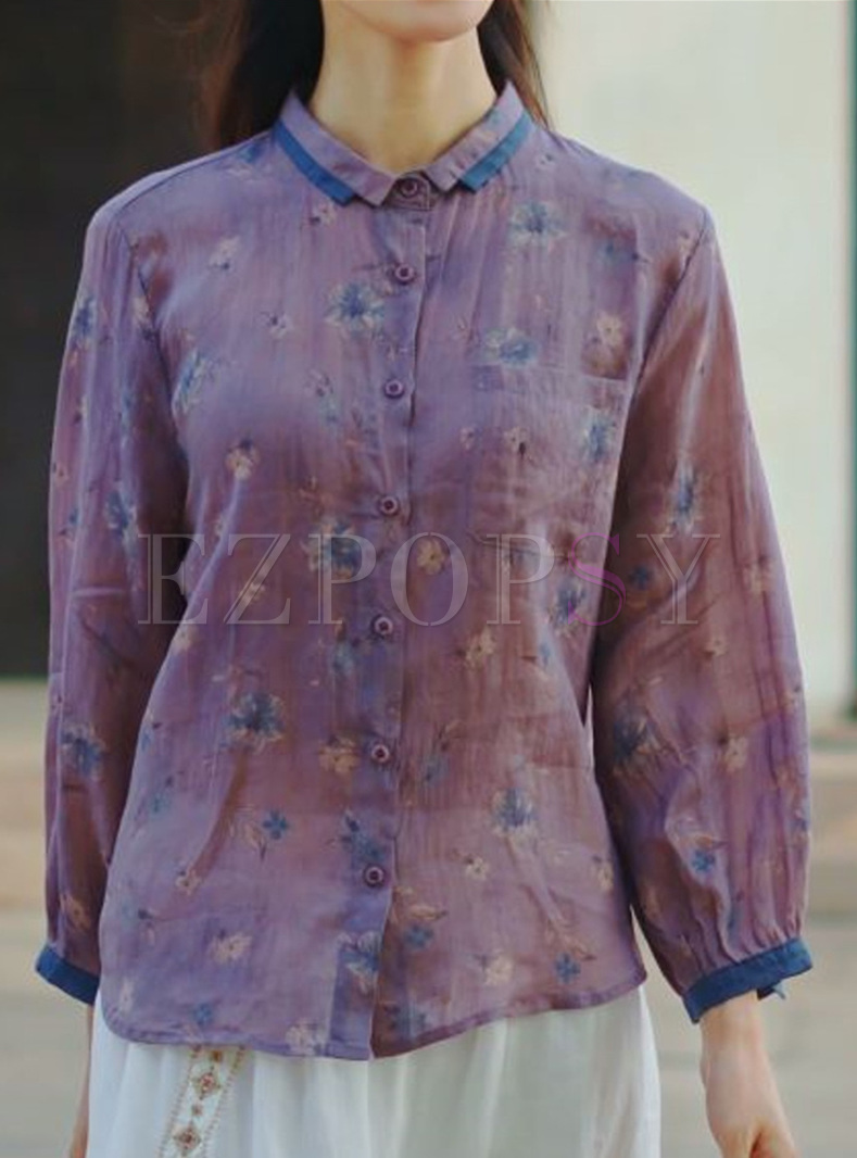 Vintage Shirt Collar Flower Women Blouse