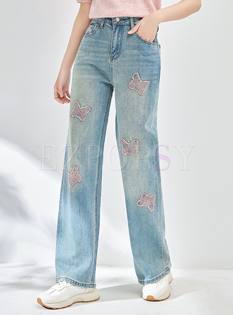 Casual Butterfly Beaded Baggy Jeans Women