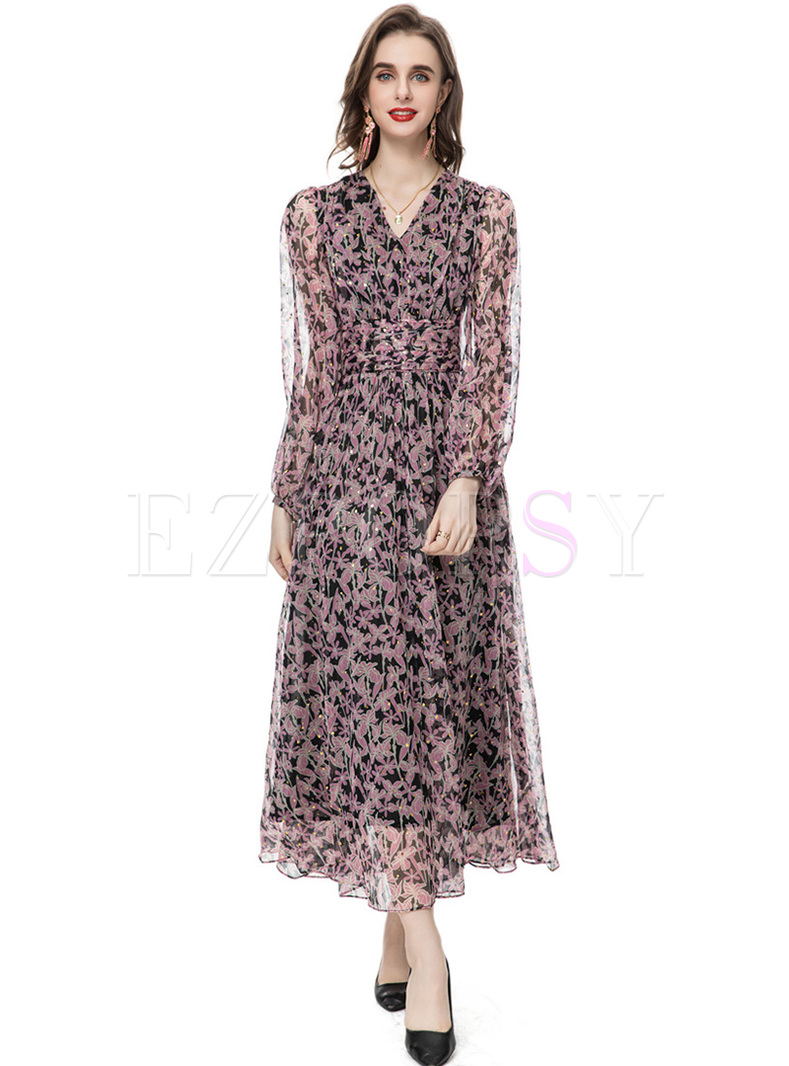 Relaxed Mesh Flower Tie Maxi Dresses