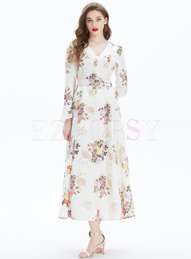 Court Printed With Belt Flare Sleeve Dresses