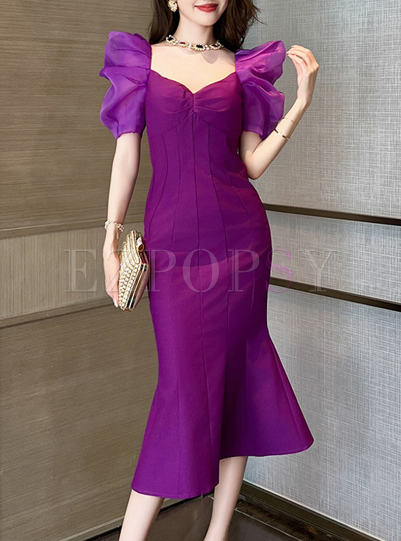 Retro Puff Sleeve Purple Peplum Dresses