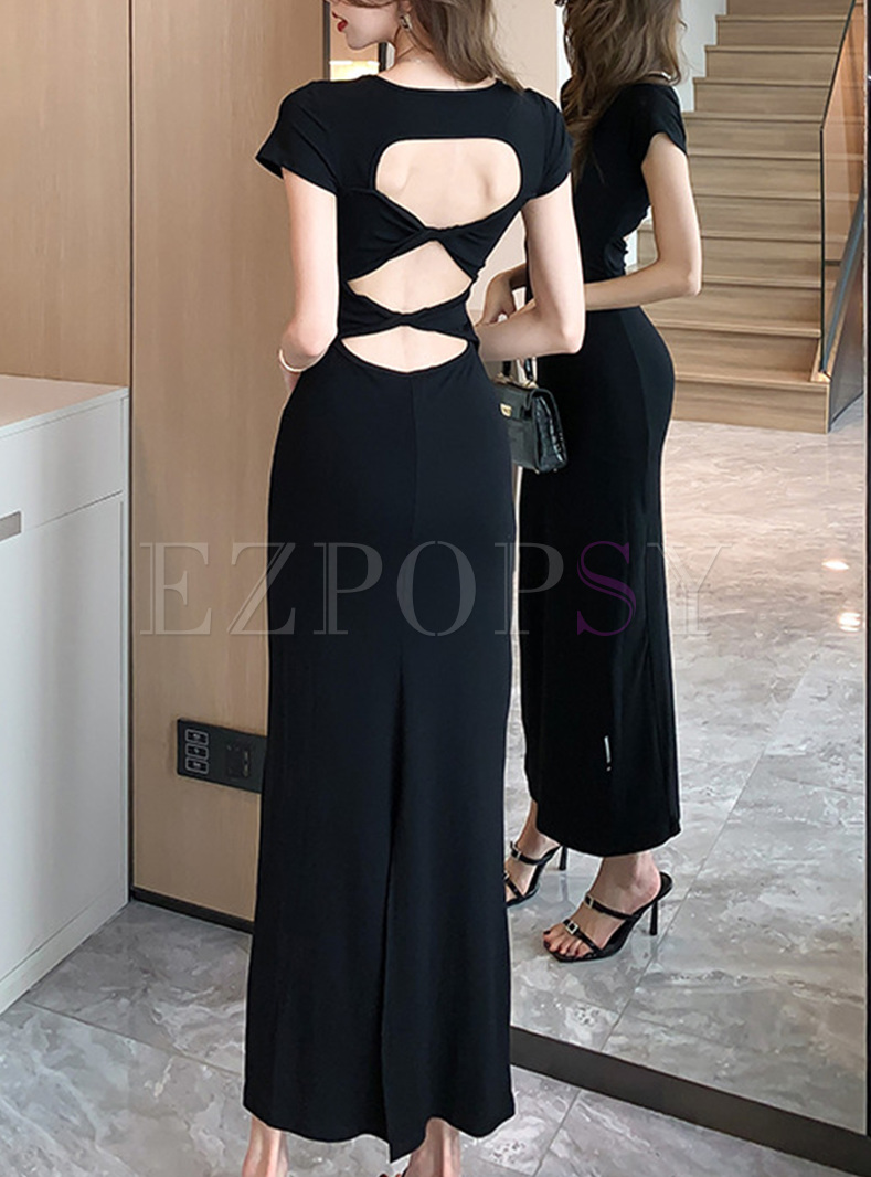 Fashion Back Hollow Solid Color Dresses
