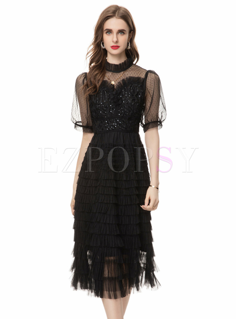Beaded Mesh Patch Layered Dresses