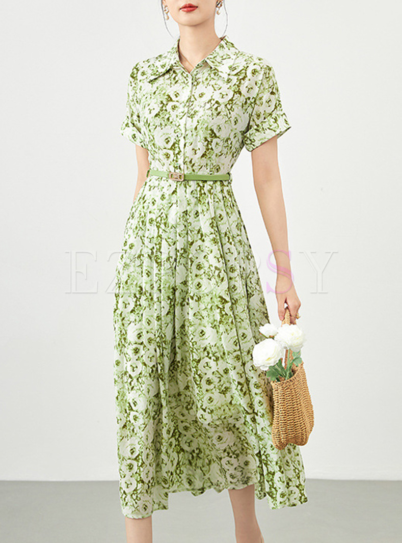 Chiffon Printed With Belt Skater Dresses