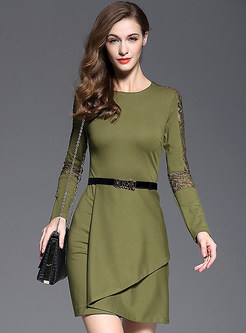 Dresses | Bodycon Dresses | Army Green Lace Long Sleeve Asymmetric Dress