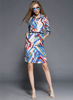 Multicolor Short Sleeve Cotton Dress With Belt