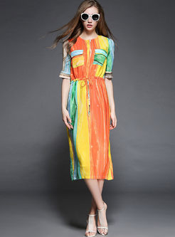 Women Summer Short Sleeve Multicolor Long Silk Dress