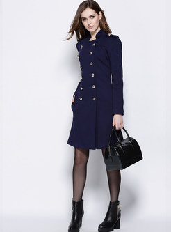 Navy Stand Collar Double-Breasted Coat