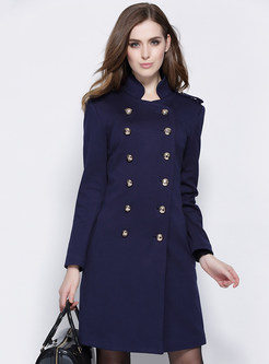 Navy Stand Collar Double-Breasted Coat