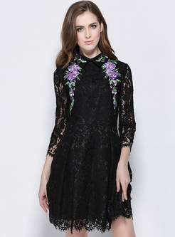 Black Lace Embroidery Lapel Dress