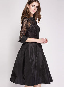 Black Lace Patch Lapel A-line Dress