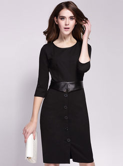 Single Breasted Half Sleeve Black Office Dress